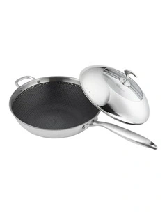 SOGA 18/10 Stainless Steel 34cm Fry Pan Textured Non-Stick Skillet with Lid & Helper Handle