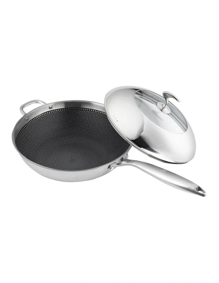 SOGA 18/10 Stainless Steel 34cm Fry Pan Textured Non-Stick Skillet with Lid & Helper Handle image 1