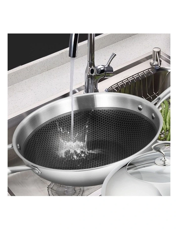 SOGA 18/10 Stainless Steel 34cm Fry Pan Textured Non-Stick Skillet with Lid & Helper Handle image 3