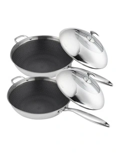 SOGA 2X 18/10 Stainless Steel 34cm Fry Pan Textured Non-Stick Skillet with Lid & Helper Handle