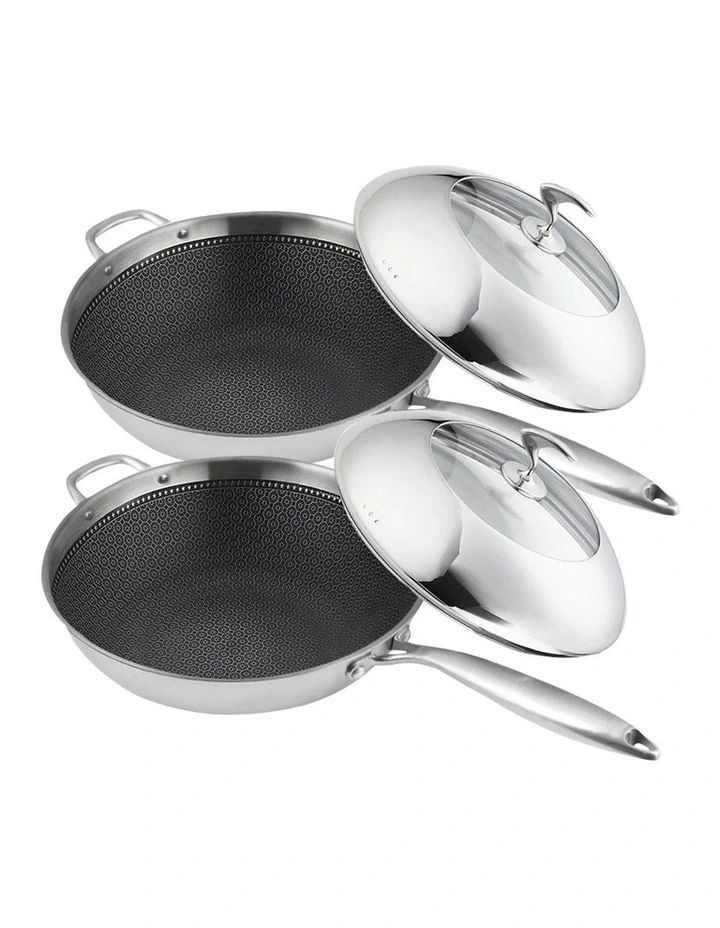 SOGA 2X 18/10 Stainless Steel 34cm Fry Pan Textured Non-Stick Skillet with Lid & Helper Handle image 1