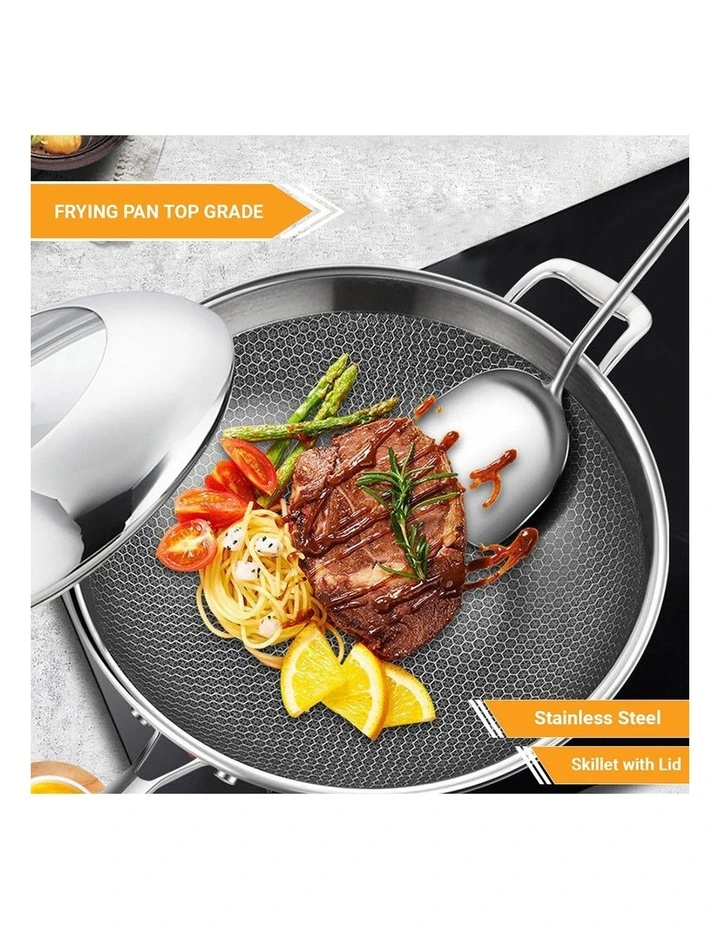 SOGA 2X 18/10 Stainless Steel 34cm Fry Pan Textured Non-Stick Skillet with Lid & Helper Handle image 3