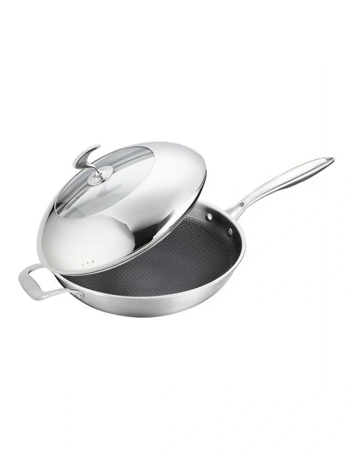 SOGA 2X 18/10 Stainless Steel 34cm Fry Pan Textured Non-Stick Skillet with Lid & Helper Handle image 6