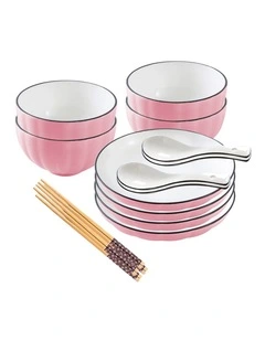 SOGA 8pc Pink Japanese Ceramic Dinnerware Plate Bowl Set Crockery
