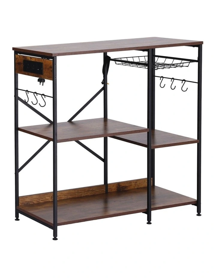 Artiss 3-Tier Kitchen Rack with 2 Power Outlets Microwave Storage Shelf 6 Hooks 90CM image 1