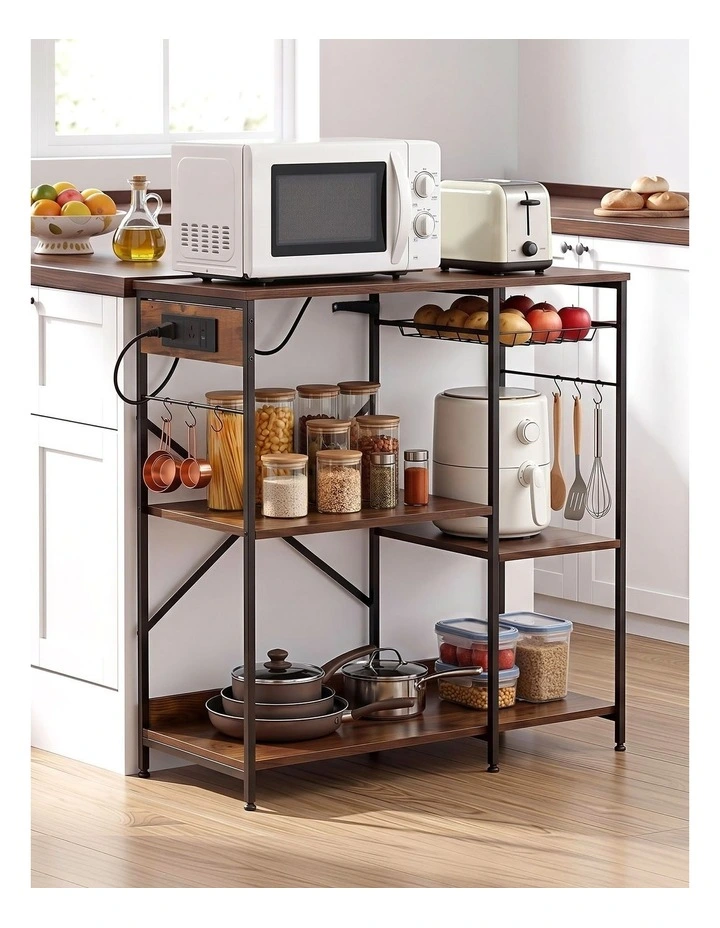 Artiss 3-Tier Kitchen Rack with 2 Power Outlets Microwave Storage Shelf 6 Hooks 90CM image 4