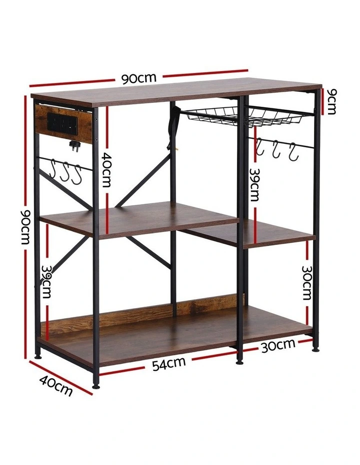 Artiss 3-Tier Kitchen Rack with 2 Power Outlets Microwave Storage Shelf 6 Hooks 90CM image 5