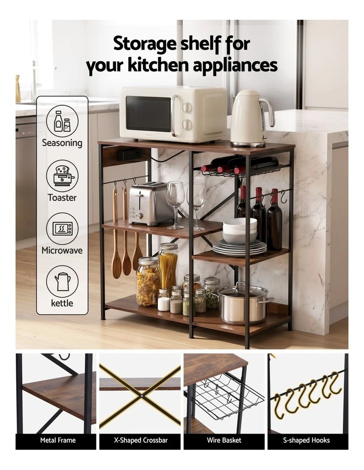 Artiss 3-Tier Kitchen Rack with 2 Power Outlets Microwave Storage Shelf 6 Hooks 90CM image 6