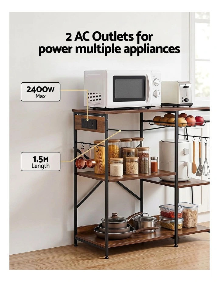 Artiss 3-Tier Kitchen Rack with 2 Power Outlets Microwave Storage Shelf 6 Hooks 90CM image 7