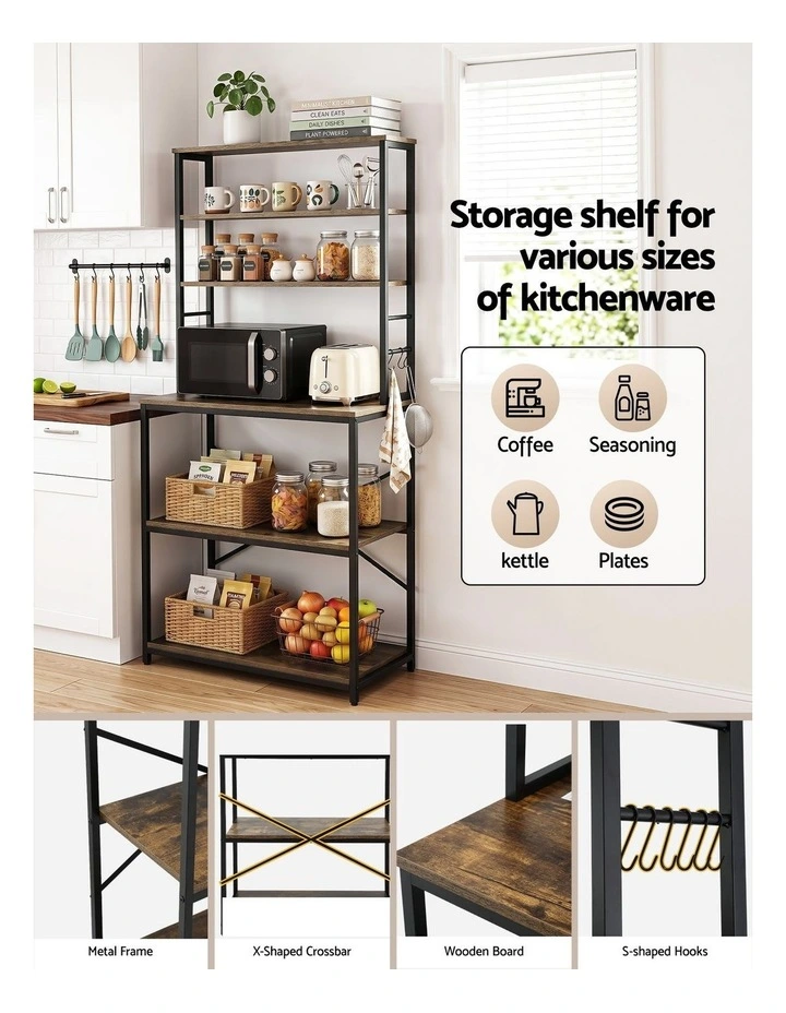 Artiss 6-Tier Kitchen Rack with 6 Hooks Microwave Storage Shelf 80cm x 167cm image 6