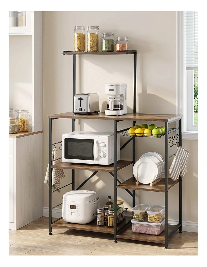 Artiss 4-Tier Kitchen Rack with Pull Out Basket 6 Hooks Microwave Storage Shelf image 4