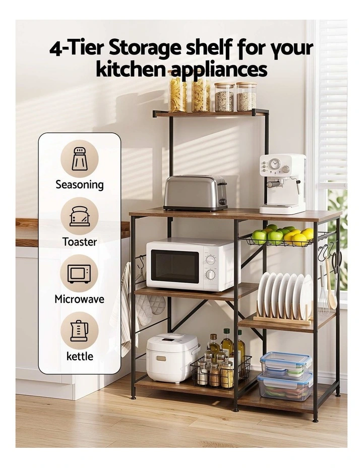 Artiss 4-Tier Kitchen Rack with Pull Out Basket 6 Hooks Microwave Storage Shelf image 6