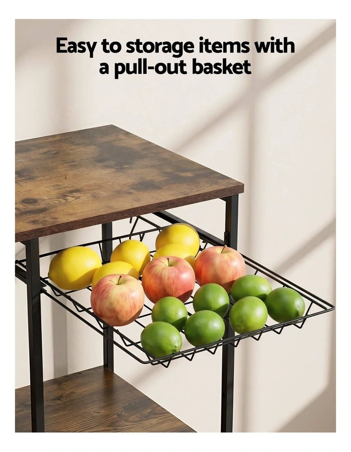 Artiss 4-Tier Kitchen Rack with Pull Out Basket 6 Hooks Microwave Storage Shelf image 7