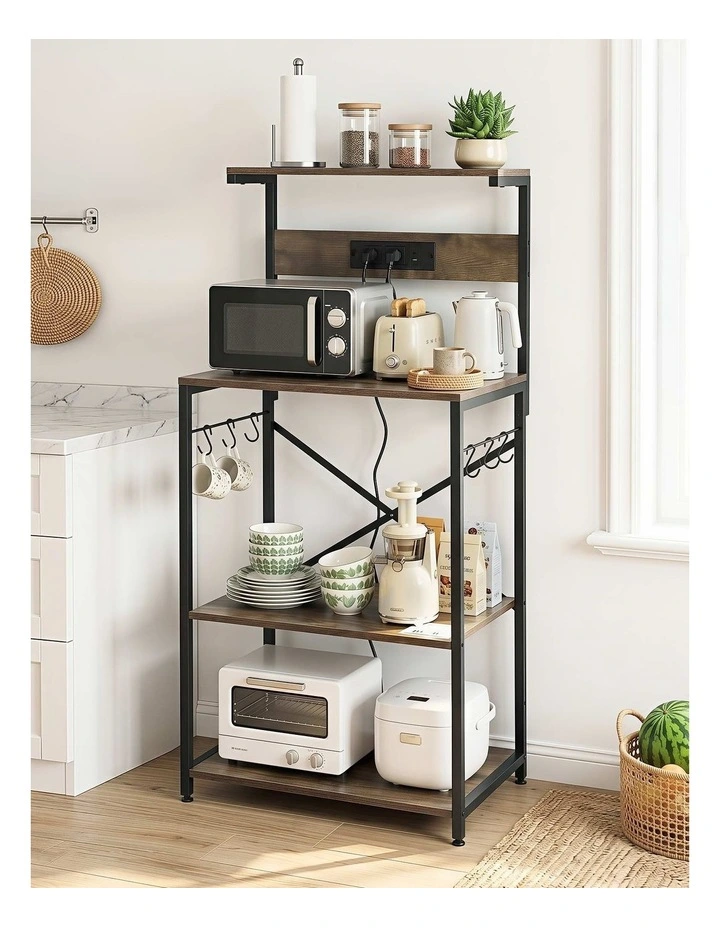 Artiss 4-Tier Kitchen Rack with 2 Power Outlets 6 Hooks Microwave Storage Shelf image 4