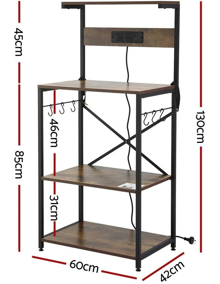 Artiss 4-Tier Kitchen Rack with 2 Power Outlets 6 Hooks Microwave Storage Shelf image 5