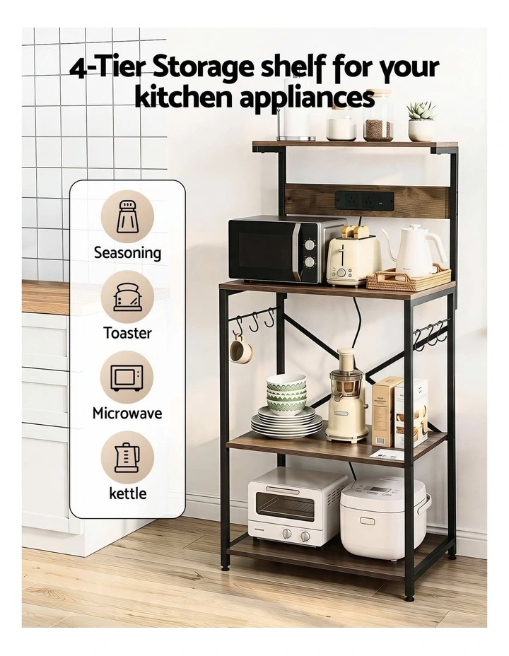 Artiss 4-Tier Kitchen Rack with 2 Power Outlets 6 Hooks Microwave Storage Shelf image 6
