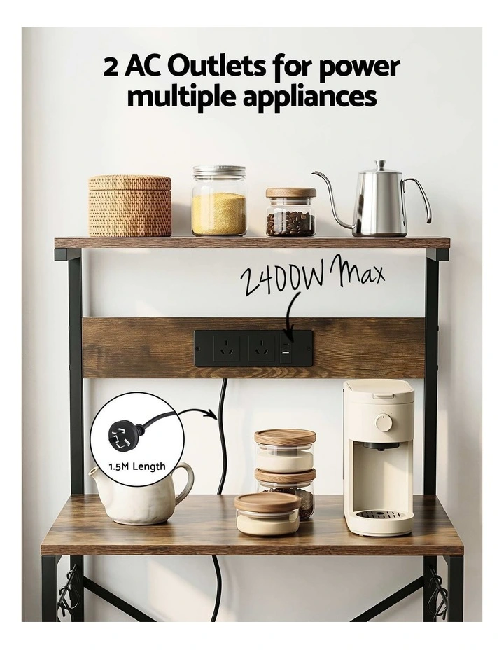 Artiss 4-Tier Kitchen Rack with 2 Power Outlets 6 Hooks Microwave Storage Shelf image 7