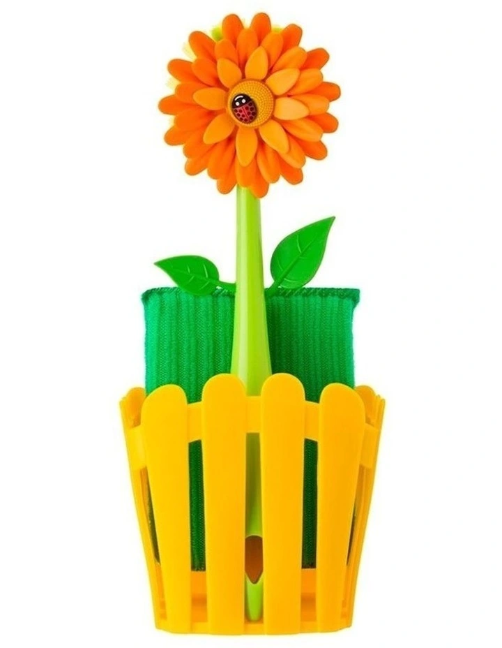 3pc Vigar Flower Power Sink Caddy Organiser/Dish Brush/Sponge Cleaning Set ORNG image 1