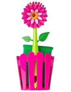3pc Vigar Flower Power Sink Caddy Organiser/Dish Brush/Sponge Cleaning Set Pink