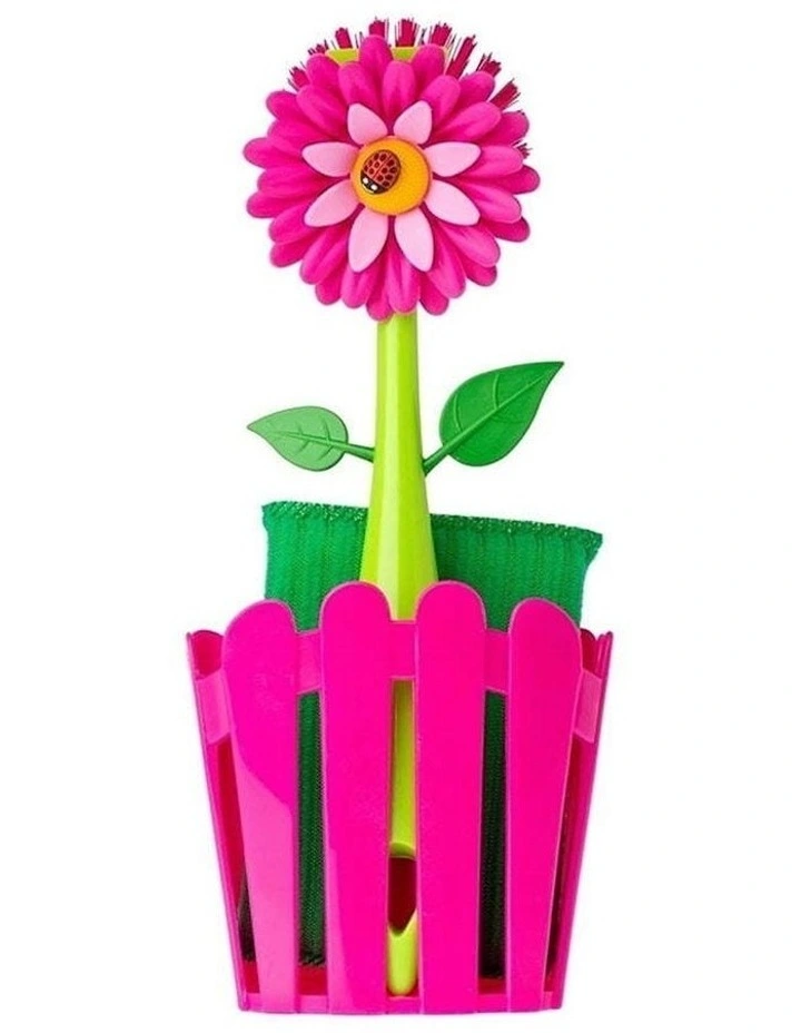 3pc Vigar Flower Power Sink Caddy Organiser/Dish Brush/Sponge Cleaning Set Pink image 1