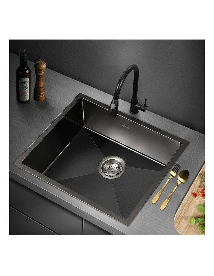 Welba Kitchen Sink 58X44CM Stainless Steel Single Bowl Basin With Waste Black image 5