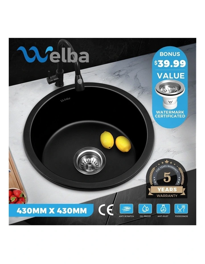 Welba Kitchen Sink Basin Granite Stone Sinks Single Bowl 430x430mm image 4
