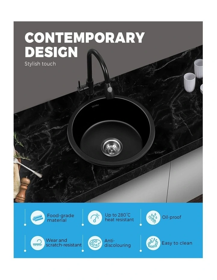 Welba Kitchen Sink Basin Granite Stone Sinks Single Bowl 430x430mm image 5
