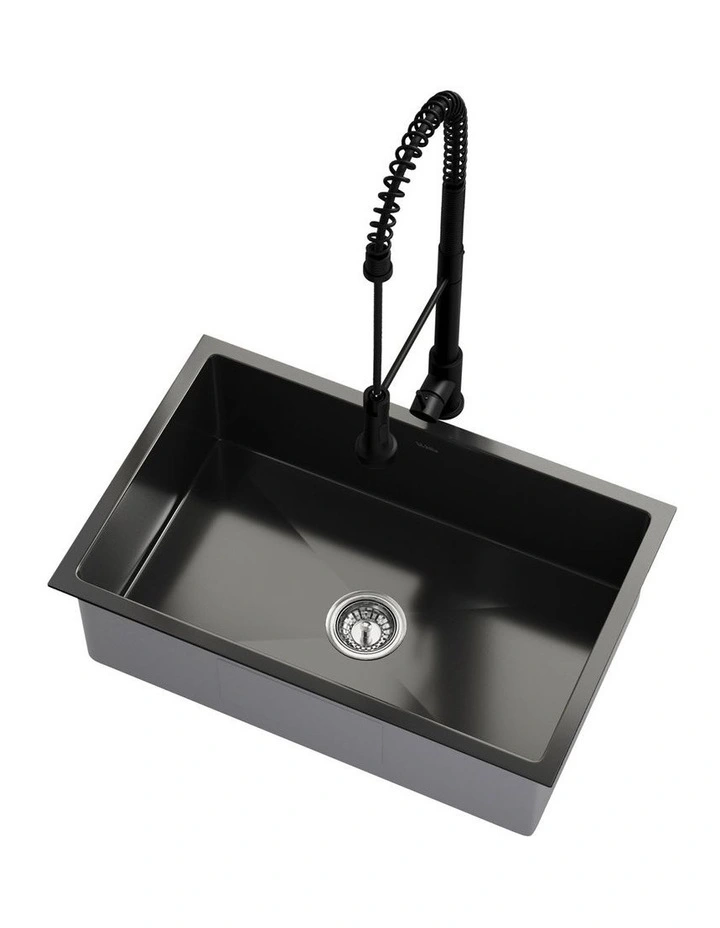 Welba Kitchen Sink 70X45CM With Pull Out Mixer Tap Stainless Steel Basin Black image 1