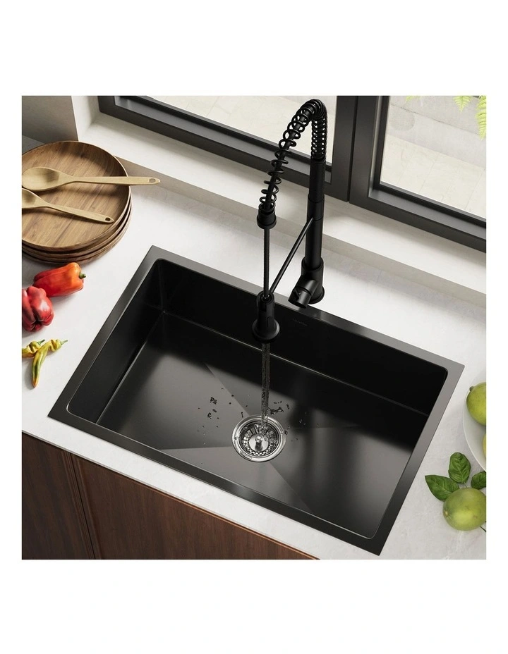 Welba Kitchen Sink 70X45CM With Pull Out Mixer Tap Stainless Steel Basin Black image 4