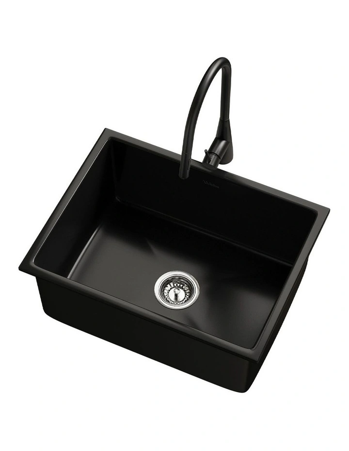 Welba Kitchen Sink Basin Granite Stonk with Mixer Tap Faucet 59cmx45cm Black image 1