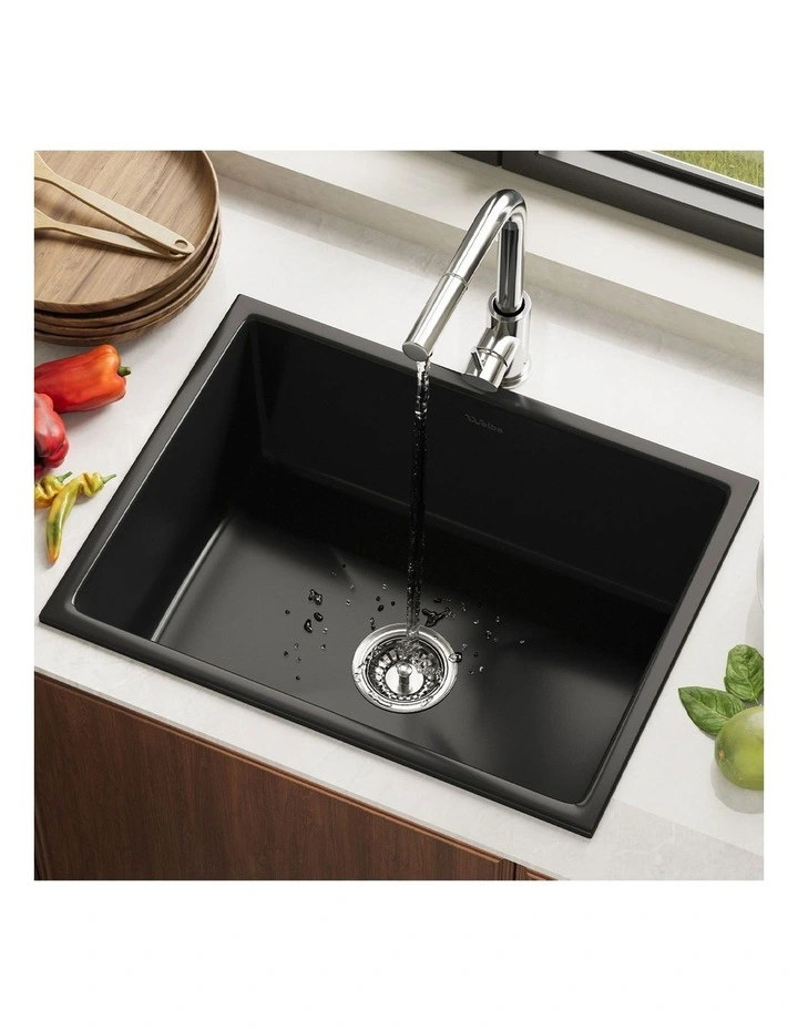 Welba Kitchen Sink with Mixer Tap Granite Stonk Single Bowl 59cmx45cm Black image 4
