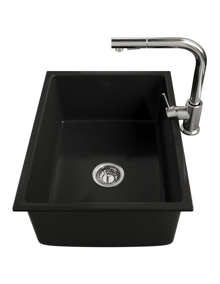 Welba Kitchen Sink with Mixer Tap Granite Stonk Single Bowl 59cmx45cm Black image 7
