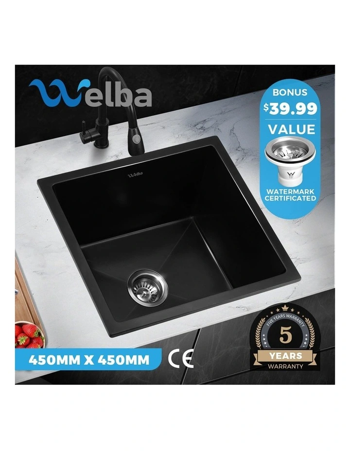 Welba Kitchen Sink Granite Stone Sink Laundry Basin Single Bowl 45cmx45cm Black image 4