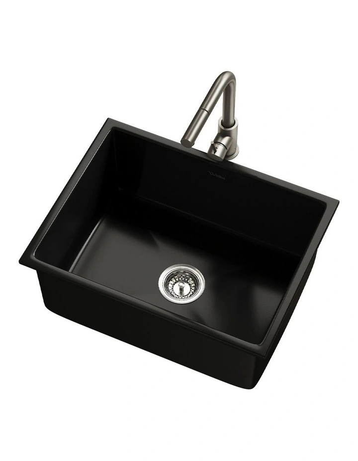 Welba Kitchen Sink with Mixer Tap Faucet Basin Granite Stonk 59cmx45cm Black image 1