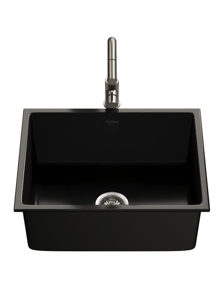 Welba Kitchen Sink with Mixer Tap Faucet Basin Granite Stonk 59cmx45cm Black image 2