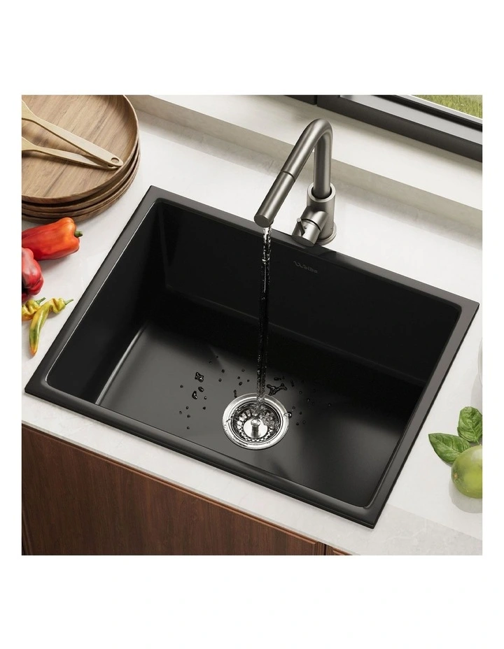 Welba Kitchen Sink with Mixer Tap Faucet Basin Granite Stonk 59cmx45cm Black image 4