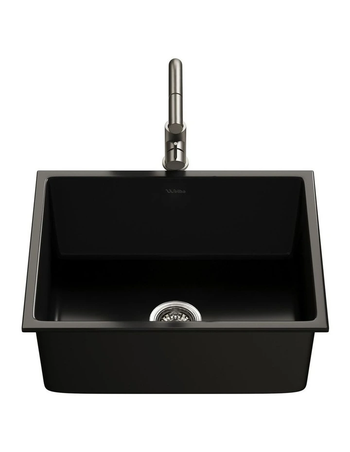 Welba Kitchen Sink with Mixer Tap Faucet Basin Granite Stonk 59cmx45cm Black image 5