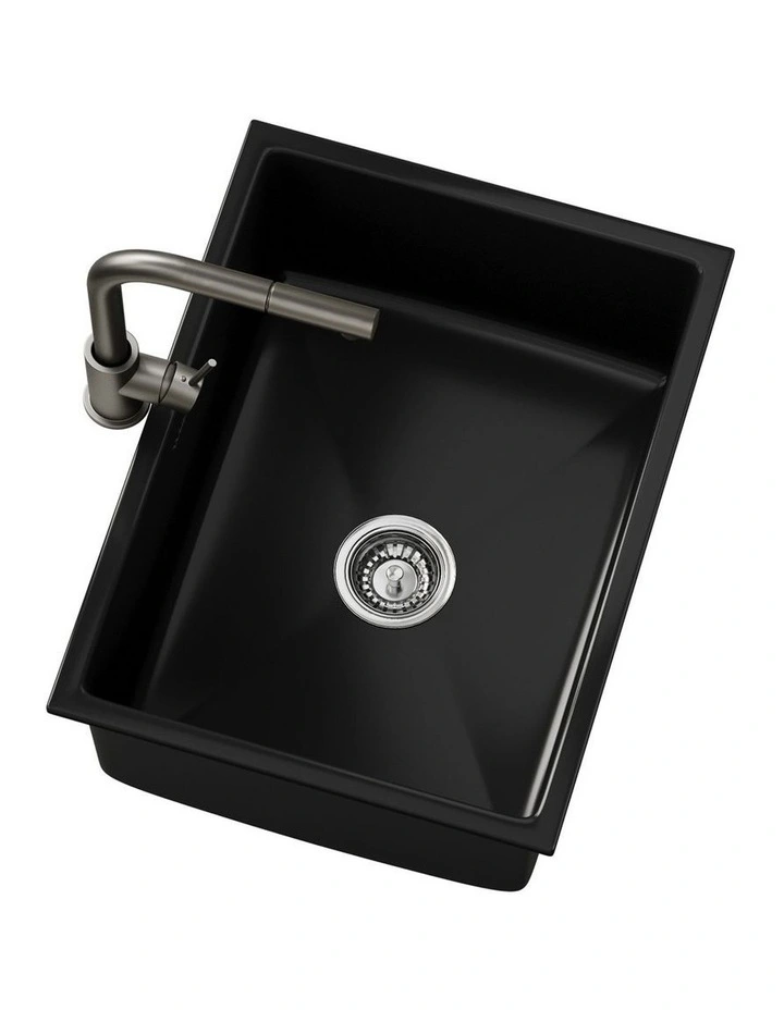 Welba Kitchen Sink with Mixer Tap Faucet Basin Granite Stonk 59cmx45cm Black image 6