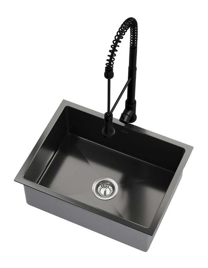 Welba Kitchen Sink 60X45CM With Pull Out Mixer Tap Stainless Steel Basin Black image 1