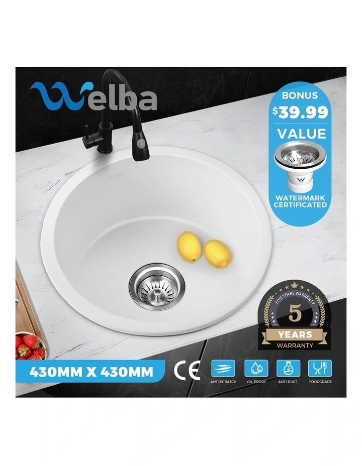 Welba Kitchen Sink Basin Granite Stone Laundry Single Bowl 430x430mm W image 4