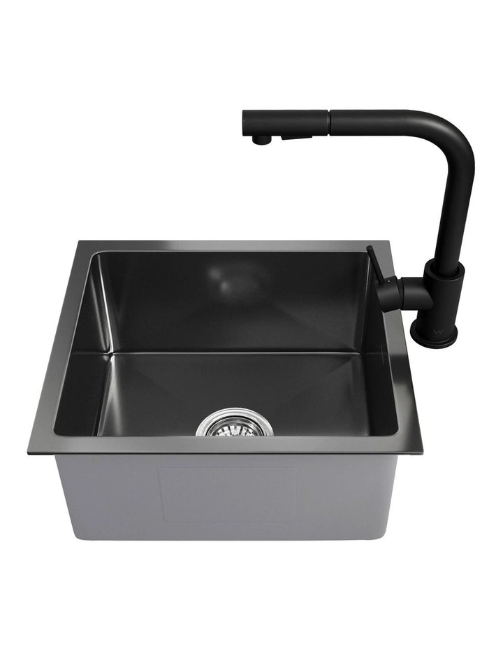 Welba Kitchen Sink 44X38CM With Pull Out Mixer Tap Stainless Steel Basin Black image 7