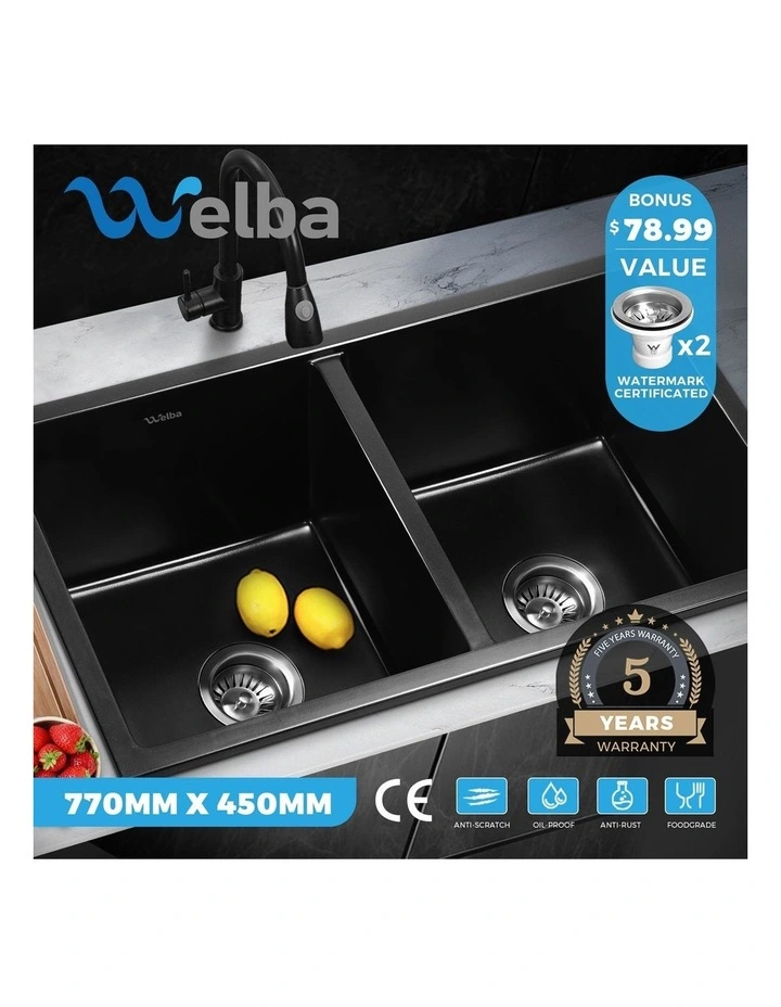 Welba Kitchen Sink Basin Granite Stone Laundry Double Bowl 770mmx450mm image 4