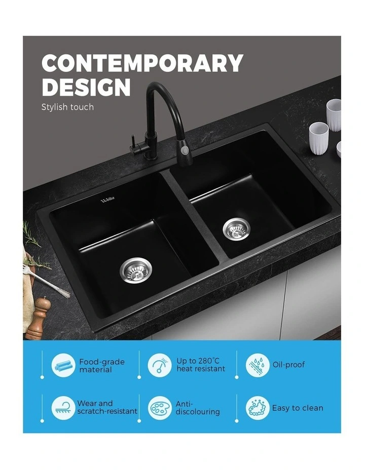 Welba Kitchen Sink Basin Granite Stone Laundry Double Bowl 770mmx450mm image 5