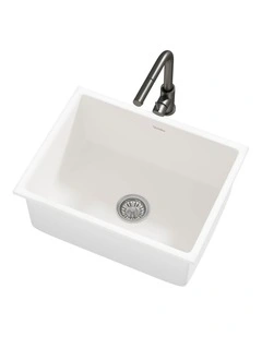 Welba Kitchen Sink with Mixer Tap Faucet Basin Granite Stonk 59cmx45cm White