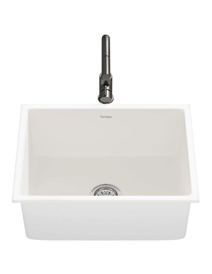 Welba Kitchen Sink with Mixer Tap Faucet Basin Granite Stonk 59cmx45cm White image 2