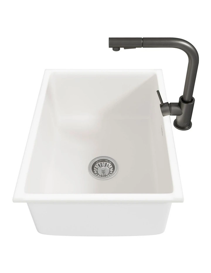 Welba Kitchen Sink with Mixer Tap Faucet Basin Granite Stonk 59cmx45cm White image 7