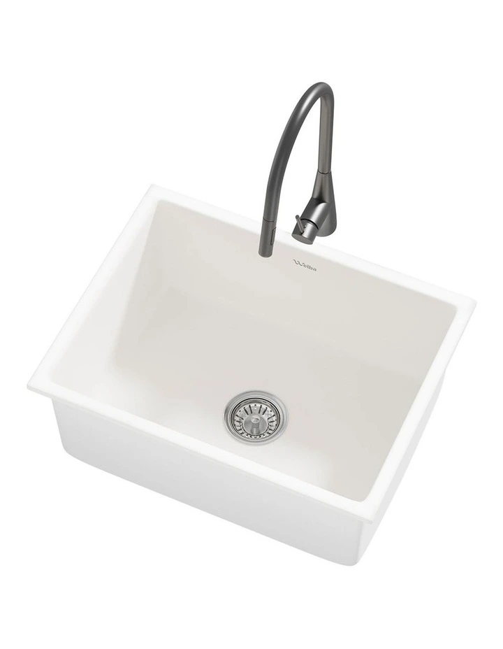 Welba Kitchen Sink with Mixer Tap 59cmx45cm Granite Stonk Single Bowl White image 1