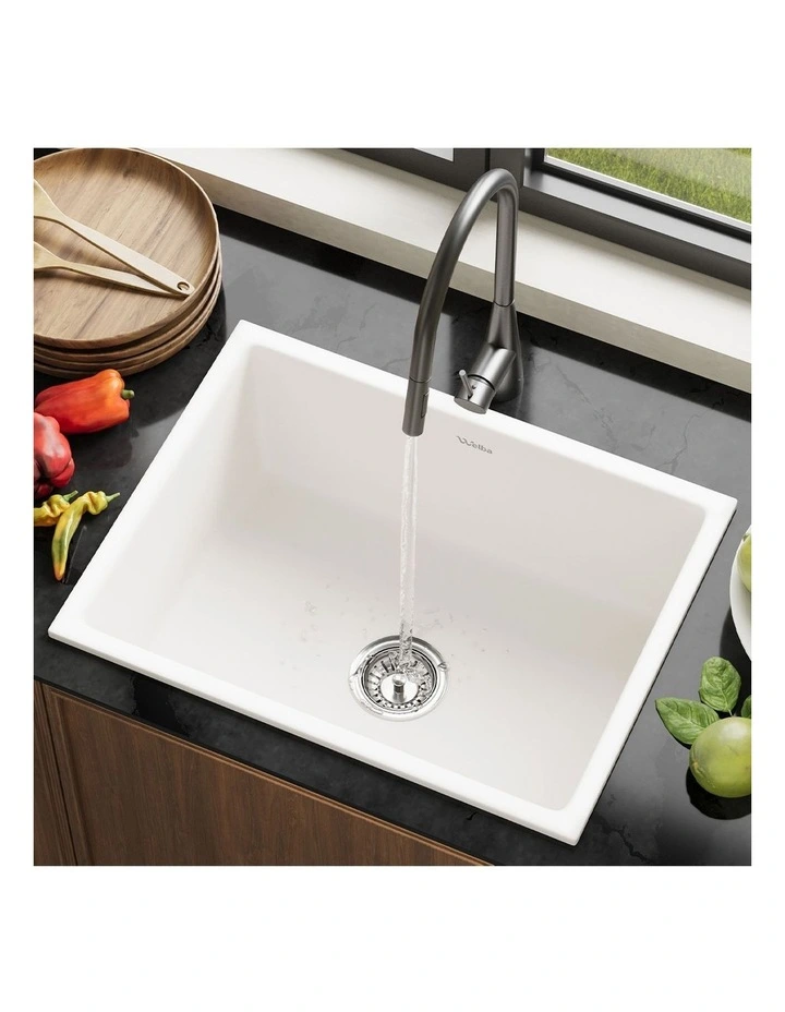 Welba Kitchen Sink with Mixer Tap 59cmx45cm Granite Stonk Single Bowl White image 4