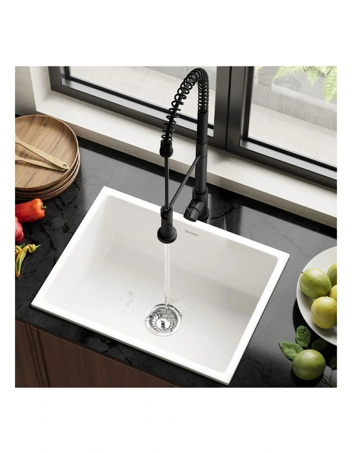 Welba Kitchen Sink Granite Stone Single Bowl with Mixer Tap 59cmx45cm White image 4