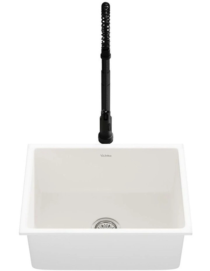 Welba Kitchen Sink Granite Stone Single Bowl with Mixer Tap 59cmx45cm White image 5